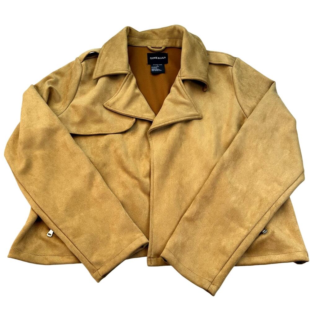 OOKIE & LALA Jacket Womens Large Camel Faux Suede Moto Epaulettes Zip Pocket